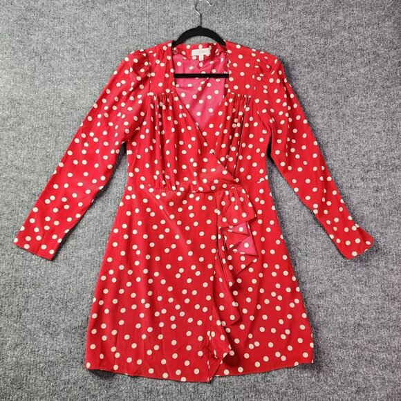 Intermix Silk Women's Polka Dot Long Sleeve V Neck Ruffle Dress Red - Picture 1 of 10